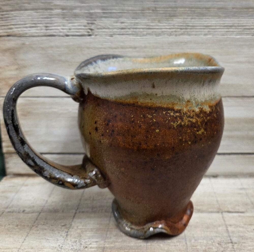 Studio Pottery Mug Brown Stoneware Wavy Rim Handmade Artisan Footed Cup